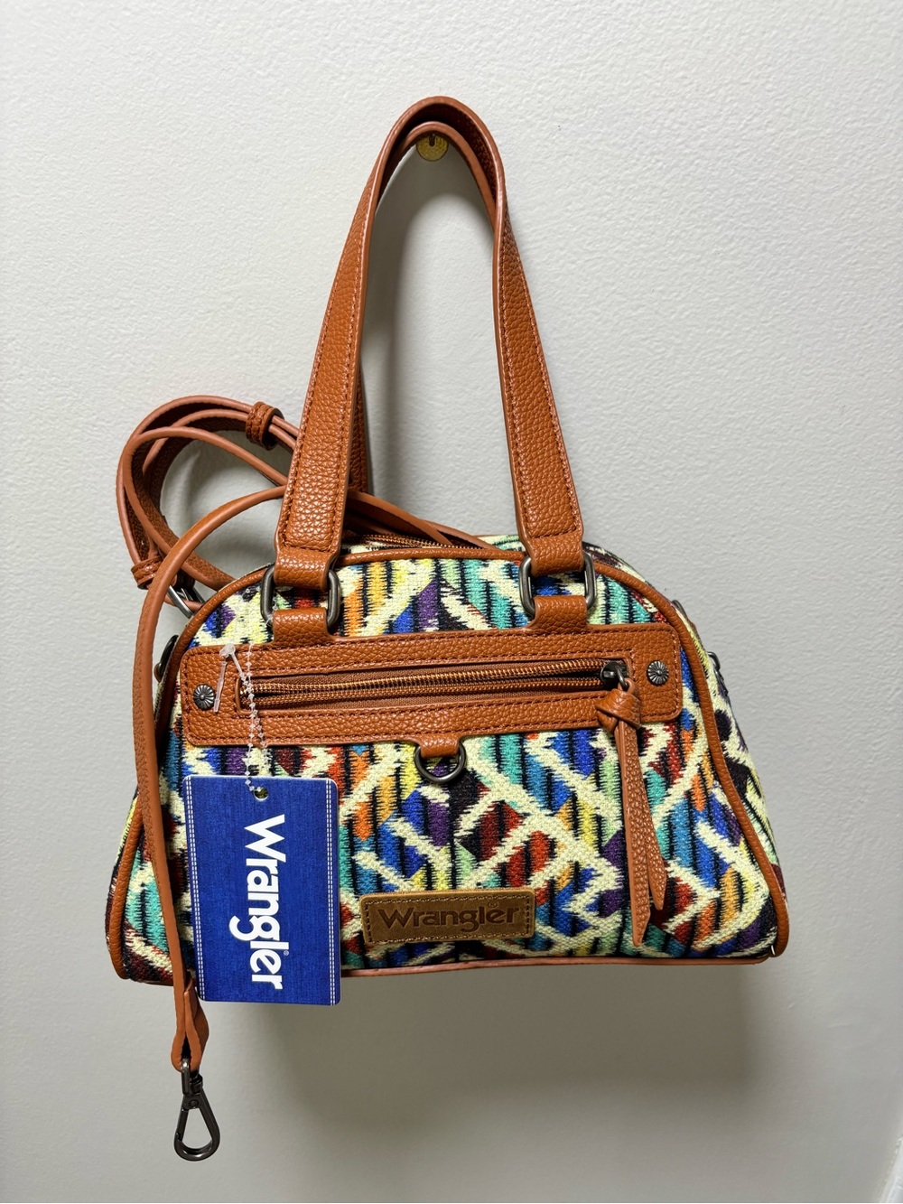 Wrangler Multicolor Patterned Satchel Tan Leather Trim Cross Body Strap Included